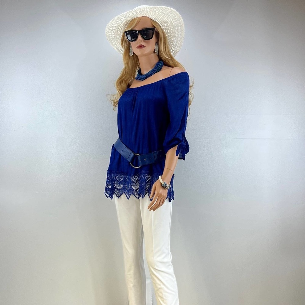 Tunic Royal blue, off the shoulders Top .Elbo length tie sleeves, Lace trim
